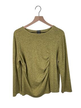 Clara Sun Woo Yellow Green Knit Ruched Top Size 1X Long Sleeve USA Made Colorful